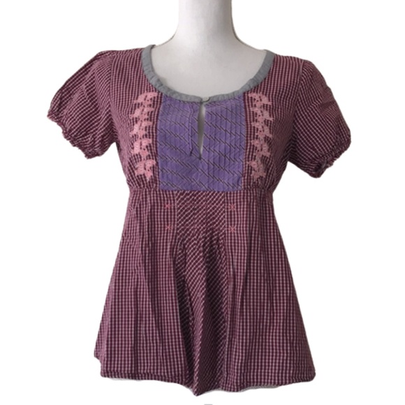 ODD MOLLY blouse top purple embroidered pleat keyhole short sleeve violet - Picture 1 of 13